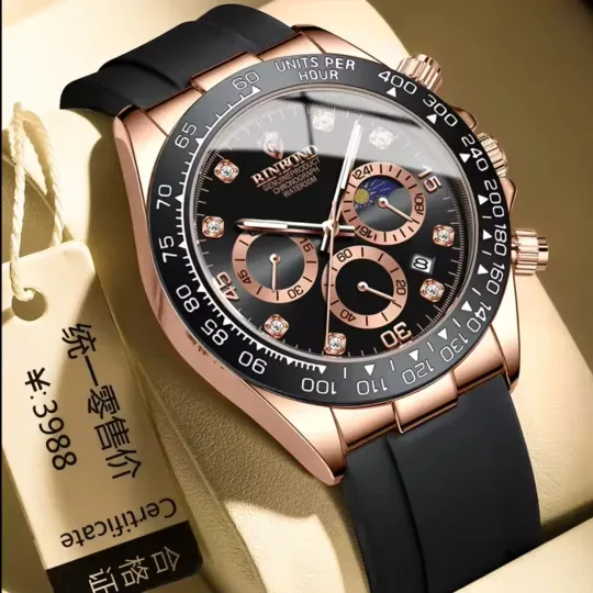 Men’s Chronograph Watch – Rose Gold Dial with Black Silicone Strap
